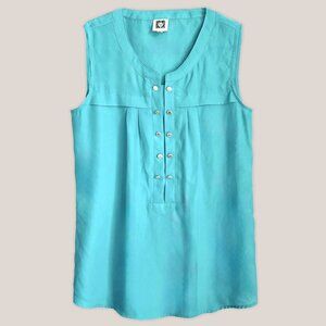 ANNE KLEIN Teal Turquoise Sleeveless Top w/ Gold Buttons | Women's Blouse Shirt